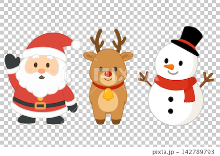 A set of three Christmas illustrations featuring Santa Claus, reindeer, and a snowman, with transparent backgrounds. A set of three Christmas illustrations featuring Santa Claus, reindeer, and a snowman, with transparent backgrounds. 142789793