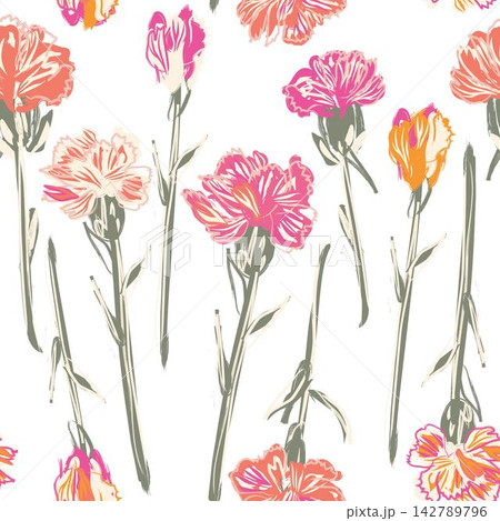 Bright Pink Carnation Brushstroke Floral seamless pattern design for fashion and home textiles, graphics and backgrounds 142789796