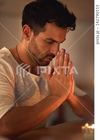 Man, hands and prayer with home, religion and worship for spiritual faith and belief. Christian, church and gratitude for compassion, understanding and confession for forgiveness and support Man, hands and prayer with home, religion and worship for spiritual faith and belief. Christian, church and gratitude for compassion, understanding and confession for forgiveness and support 142790553