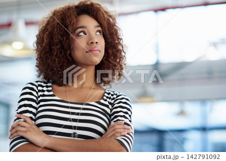 African woman, business and office with thinking and confidence for job, copywriting or writer for newspaper. Female journalist, idea or plan in workplace, commitment for media or international press African woman, business and office with thinking and confidence for job, copywriting or writer for newspaper. Female journalist, idea or plan in workplace, commitment for media or international press 142791092