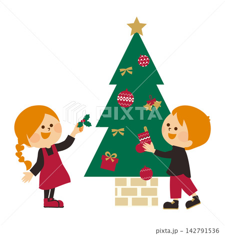 クリスマスツリーを飾りつける子供たち かわいいイラスト素材 クリスマスツリーを飾りつける子供たち かわいいイラスト素材 142791536