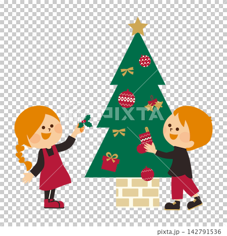 クリスマスツリーを飾りつける子供たち かわいいイラスト素材 クリスマスツリーを飾りつける子供たち かわいいイラスト素材 142791536
