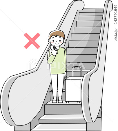 エスカレーターでスマホを見て荷物から手を放す人 エスカレーターでスマホを見て荷物から手を放す人 142791646