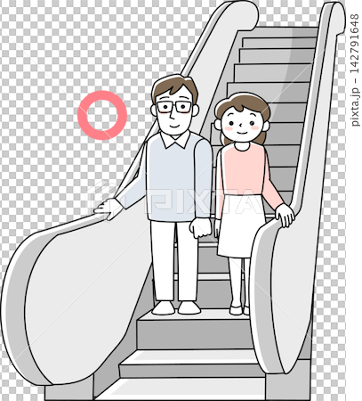 A man and a woman stand still on the escalator. 142791648