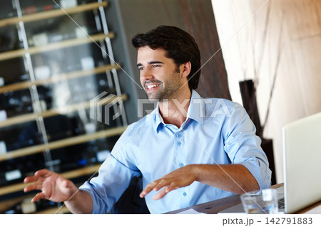 Laptop, lawyer and man with smile in home office in talking, hand gesture and excited for new contract or client. Legal, advisor and professional on technology for online, digital or estate planning 142791883