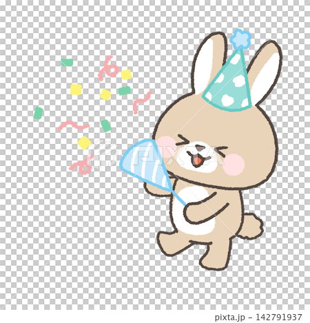 A brown rabbit wearing a party hat that pops crackers A brown rabbit wearing a party hat that pops crackers 142791937