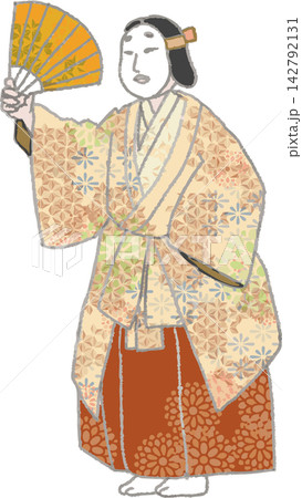 狂言で能面をかぶった女役の手書き風フルカラーイラスト（日本の伝統芸能・能楽・古典芸能・乙面・着物・和 142792131