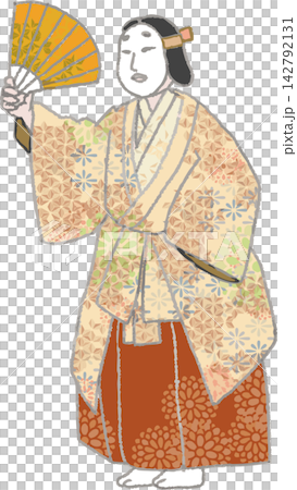 狂言で能面をかぶった女役の手書き風フルカラーイラスト（日本の伝統芸能・能楽・古典芸能・乙面・着物・和 142792131