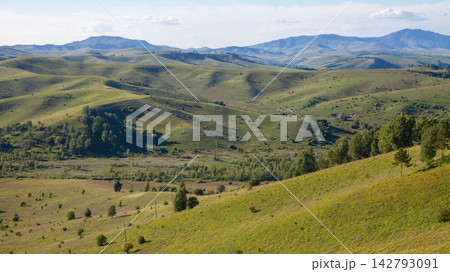 Expansive panoramic landscape of rolling green hills and pastoral countryside 142793091