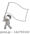 大きな旗を持つスーツ男性(丸顔) 142793343