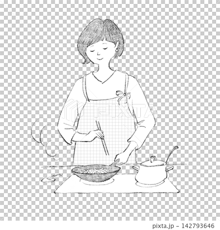 A woman in an apron cooking in a frying pan. 142793646