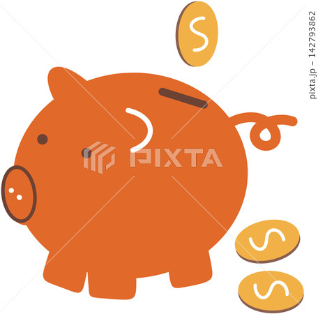 Orange piggy bank with savings coins Orange piggy bank with savings coins 142793862