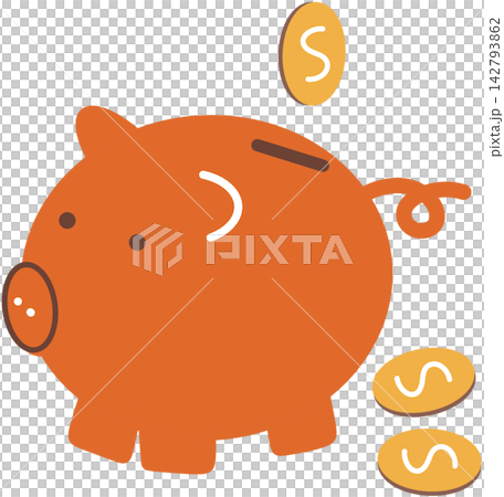 Orange piggy bank with savings coins Orange piggy bank with savings coins 142793862