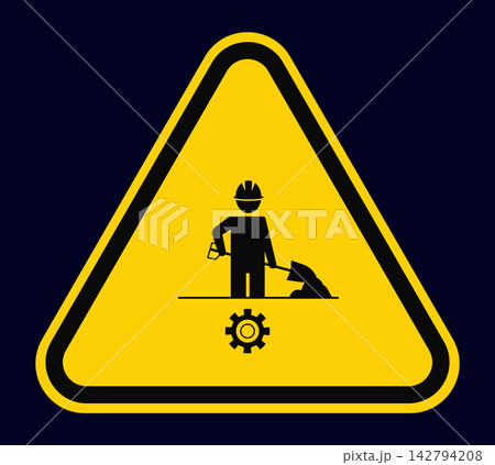 Road construction work warning sign with worker icon and gear symbol Road construction work warning sign with worker icon and gear symbol 142794208