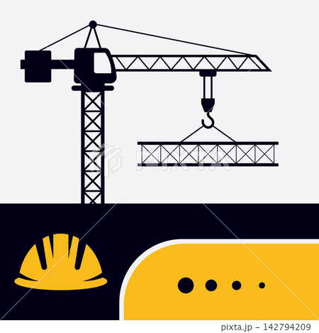 Construction site scene with tower crane lifting steel beam and safety helmet 142794209
