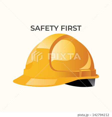 Yellow construction hard hat with safety first text safety helmet construction Yellow construction hard hat with safety first text safety helmet construction 142794212