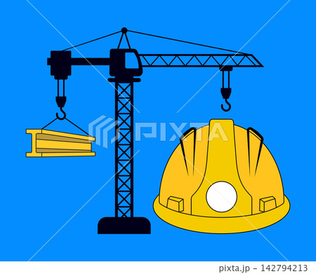 Tower crane lifting steel beam and yellow safety helmet with construction site 142794213