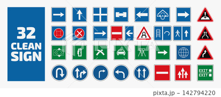 Set of 32 clean traffic road signs and transportation icons with traffic symbols Set of 32 clean traffic road signs and transportation icons with traffic symbols 142794220