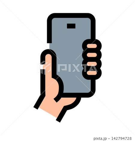 Hand holding smartphone device flat line icon Hand holding smartphone device flat line icon 142794728