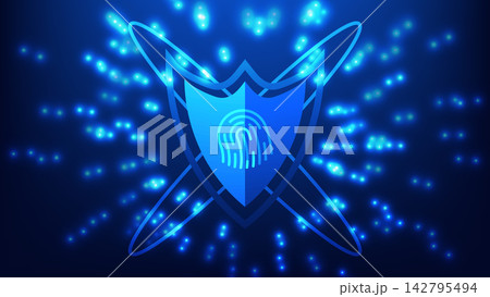 cyber security and privacy protection. futuristic shield with fingerprint and glowing light on blue background 142795494