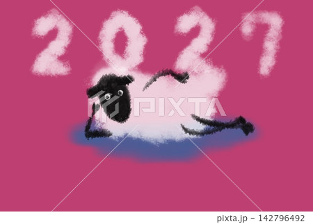 2027年賀状横たわってリラックスする羊のイラスト 142796492