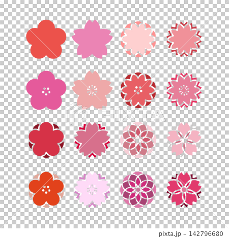 A set of Japanese-style flower icon illustrations featuring modern designs of motifs such as plum blossoms, cherry blossoms, and chrysanthemums. A set of Japanese-style flower icon illustrations featuring modern designs of motifs such as plum blossoms, cherry blossoms, and chrysanthemums. 142796680