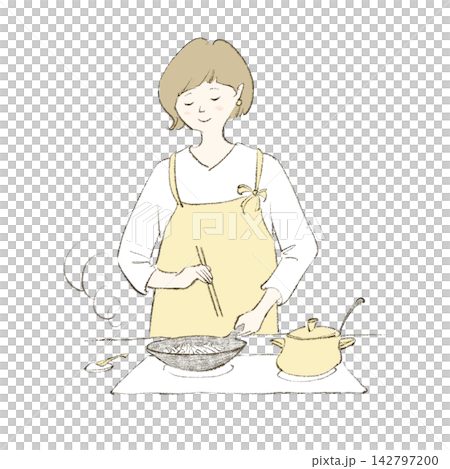 一位身穿圍裙的女子正在煎鍋裡做菜。 142797200