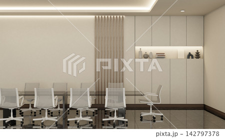 Contemporary Boardroom Interior with Large Glass Table and White Mesh Chairs Contemporary Boardroom Interior with Large Glass Table and White Mesh Chairs 142797378