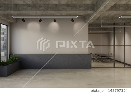 Industrial Loft Office Interior with Blank Concrete Wall and Spotlights 142797394