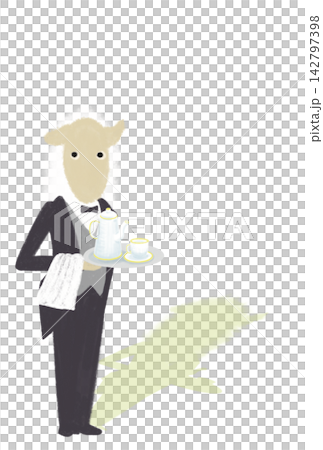 A New Year's card illustration featuring a sheep butler in a butler's costume carrying a tea set. A New Year's card illustration featuring a sheep butler in a butler's costume carrying a tea set. 142797398