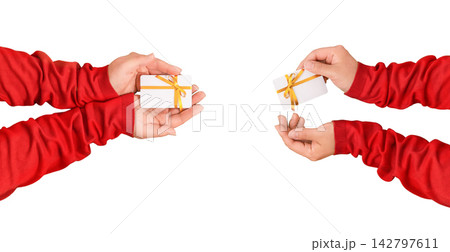 Female hands in red sleeves present a gift card isolated on white background with copy space for online shopping bonuses promotions discounts Christmas gifts and retail offers Female hands in red sleeves present a gift card isolated on white background with copy space for online shopping bonuses promotions discounts Christmas gifts and retail offers 142797611