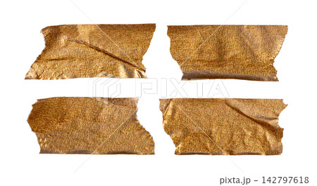 Gold adhesive tape pieces isolated on white background with copy space for collage scrapbook craft frame border and graphic design 142797618