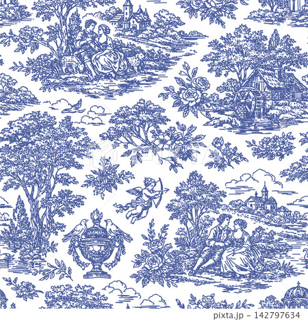 Toile de Jouy vector seamless pattern. Vintage blue and white pastoral landscape with romantic couples, Cupid, watermill, roses and antique urn. Classic french monochrome rococo backdrop 142797634