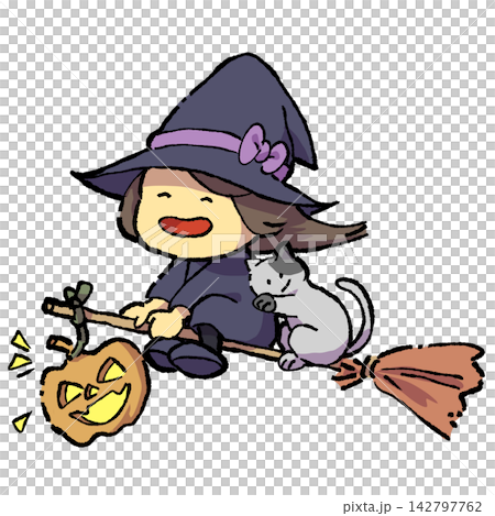 A child dressed as a witch flies through the sky on a broomstick with a cat. A child dressed as a witch flies through the sky on a broomstick with a cat. 142797762