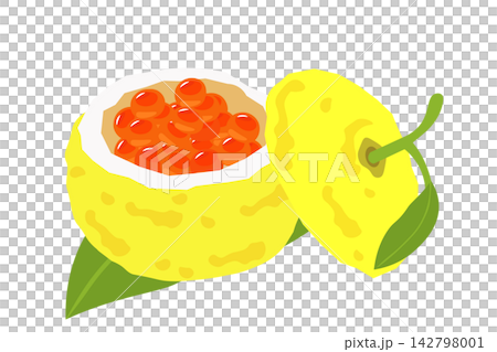 以柚子殼盛裝的鮭魚籽菜餚的插圖。 以柚子殼盛裝的鮭魚籽菜餚的插圖。 142798001