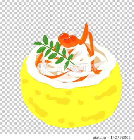 禦節料理(日本新年料理)的插圖,圖中是紅白醃蘿蔔盛在柚子柑橘碗中。 禦節料理(日本新年料理)的插圖,圖中是紅白醃蘿蔔盛在柚子柑橘碗中。 142798002