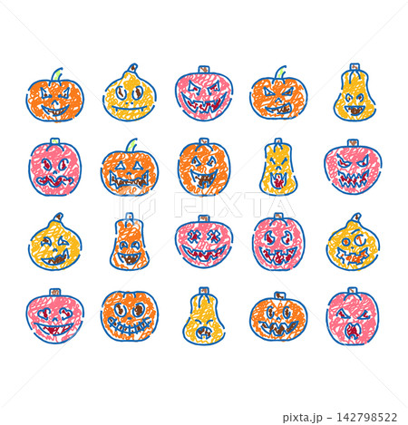 Halloween pumpkins with jack o lantern faces drawn in scribble style Halloween pumpkins with jack o lantern faces drawn in scribble style 142798522
