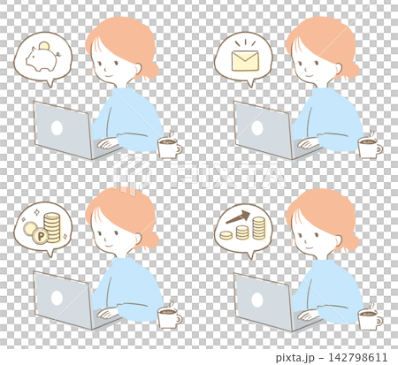 A set of illustrations depicting a housewife working from home using a computer. A set of illustrations depicting a housewife working from home using a computer. 142798611