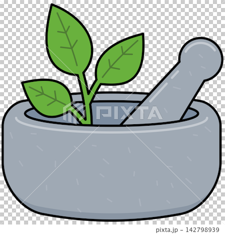 Flat style icon illustration of stone mortar and pestle with green leaves isolated on transparent background. Graphic design element clip art for herbal medicine assets. Flat style icon illustration of stone mortar and pestle with green leaves isolated on transparent background. Graphic design element clip art for herbal medicine assets. 142798939