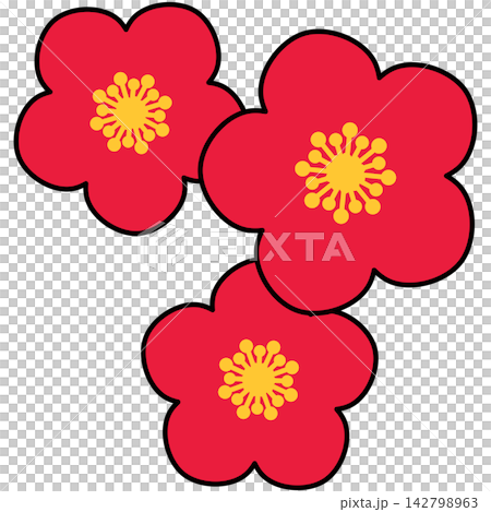 Flat style icon illustration of red plum blossom flowers isolated on transparent background. Colorful graphic design element clip art for Chinese New Year assets. 142798963