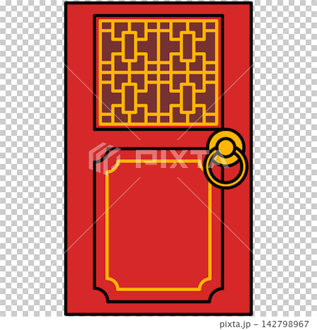 Flat style icon illustration of traditional red Chinese door with gold lattice isolated on transparent background. Graphic design element clip art for Lunar New Year assets. Flat style icon illustration of traditional red Chinese door with gold lattice isolated on transparent background. Graphic design element clip art for Lunar New Year assets. 142798967