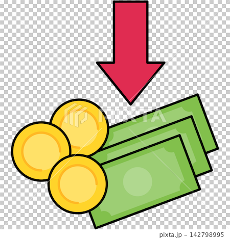 Flat style icon illustration of cash money with red down arrow isolated on transparent background. Graphic design element clip art for financial loss inflation assets. Flat style icon illustration of cash money with red down arrow isolated on transparent background. Graphic design element clip art for financial loss inflation assets. 142798995