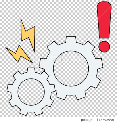 Flat style icon illustration of broken cogs with lightning spark and exclamation sign isolated on transparent background. Colorful graphic design element clip art for repair assets. 142798996