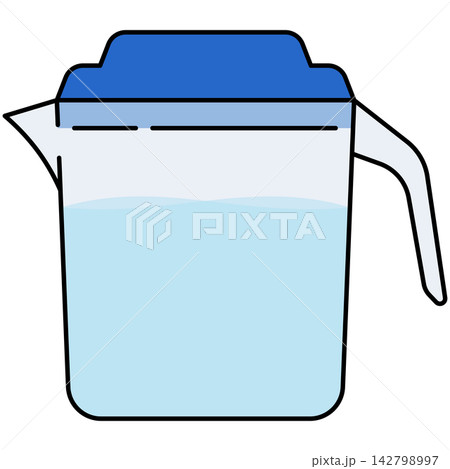 Flat style icon illustration of glass water pitcher jar with blue lid isolated on transparent background. Graphic design element clip art for kitchen drinkware assets. 142798997