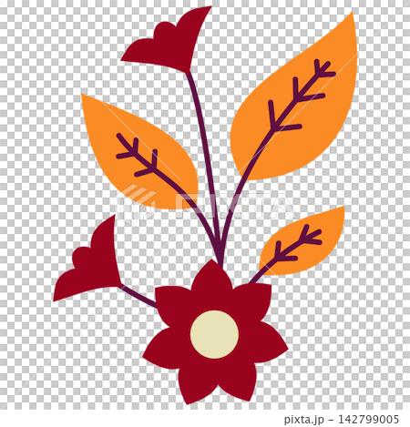 Flat style icon illustration of red floral branch with orange leaves isolated on transparent background. Colorful graphic design element clip art for greeting card letter assets. Flat style icon illustration of red floral branch with orange leaves isolated on transparent background. Colorful graphic design element clip art for greeting card letter assets. 142799005