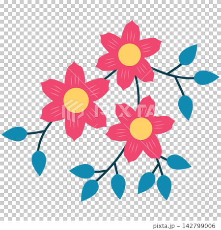 Flat style icon illustration of pink flowers with blue leaves isolated on transparent background. Colorful graphic design element clip art for stationery letter envelope assets. Flat style icon illustration of pink flowers with blue leaves isolated on transparent background. Colorful graphic design element clip art for stationery letter envelope assets. 142799006