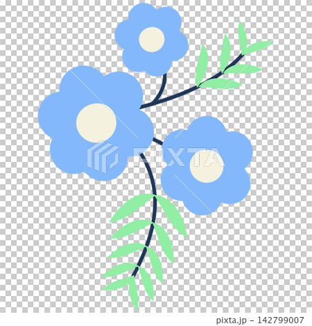 Flat style icon illustration of light blue flowers with green fern leaves isolated on transparent background. Colorful graphic design element clip art for card letter assets. Flat style icon illustration of light blue flowers with green fern leaves isolated on transparent background. Colorful graphic design element clip art for card letter assets. 142799007
