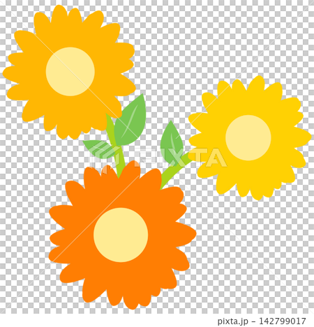Flat style icon illustration of yellow orange flowers with green leaves isolated on transparent background. Colorful graphic design element clip art for wedding invitation letter assets. Flat style icon illustration of yellow orange flowers with green leaves isolated on transparent background. Colorful graphic design element clip art for wedding invitation letter assets. 142799017