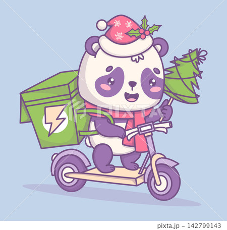 Christmas Kawaii Panda Courier in Santa hat on Electric Scooter. Happy Bear Mascot Character with Thermal Parcel Delivery Box with Small Tree. Vector Illustration. New Year Express Shipping Service. Christmas Kawaii Panda Courier in Santa hat on Electric Scooter. Happy Bear Mascot Character with Thermal Parcel Delivery Box with Small Tree. Vector Illustration. New Year Express Shipping Service. 142799143