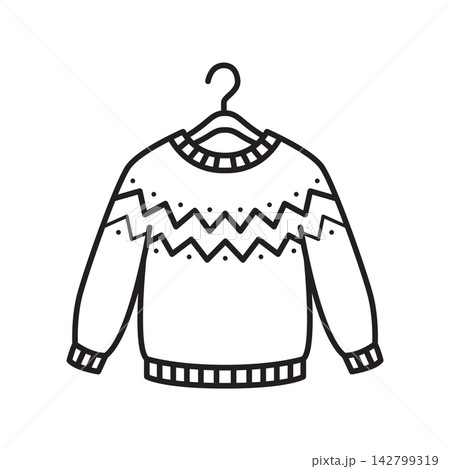 Detailed line art icon of a hand-knitted wool sweater with geometric Fair Isle pattern hanging on a coat hanger. 142799319